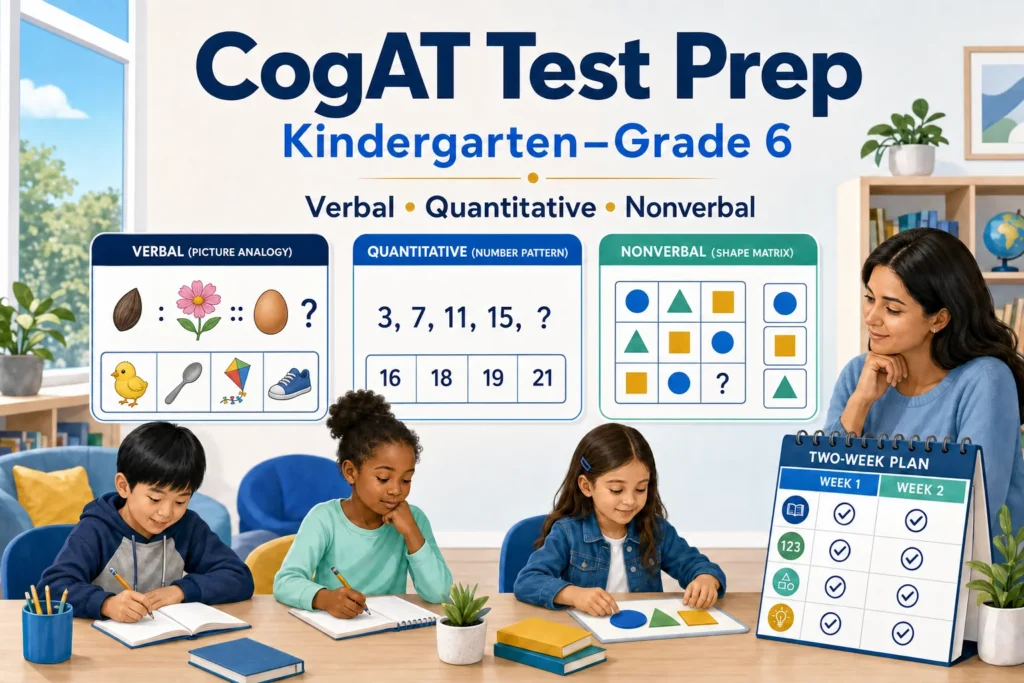 CogAT test prep guide from Kindergarten through Grade 6 with original verbal, quantitative, and nonverbal practice examples and a two-week plan.