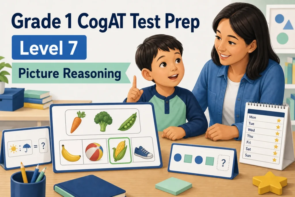Grade 1 CogAT test prep for Level 7 with original picture classification, analogy, visual pattern, and weekly practice examples.