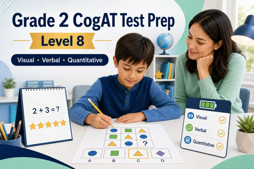 Grade 2 CogAT test prep for Level 8 with original visual matrix, picture-number reasoning, and balanced battery checklist.