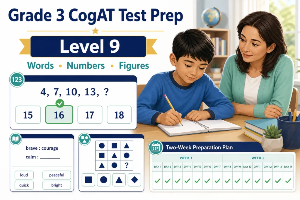 Grade 3 CogAT test prep for Level 9 with an original 4, 7, 10, 13 number series, word analogy, figure matrix, and two-week plan.