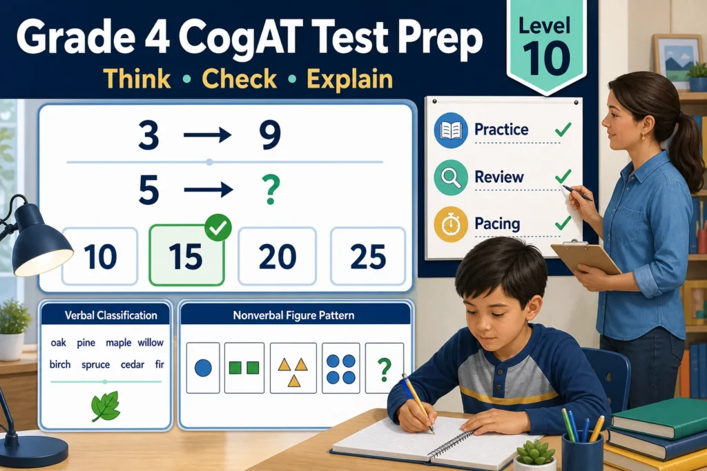 Grade 4 CogAT test prep for Level 10 with an original 3-to-9 and 5-to-15 number analogy, verbal classification, figure pattern, and pacing checklist.
