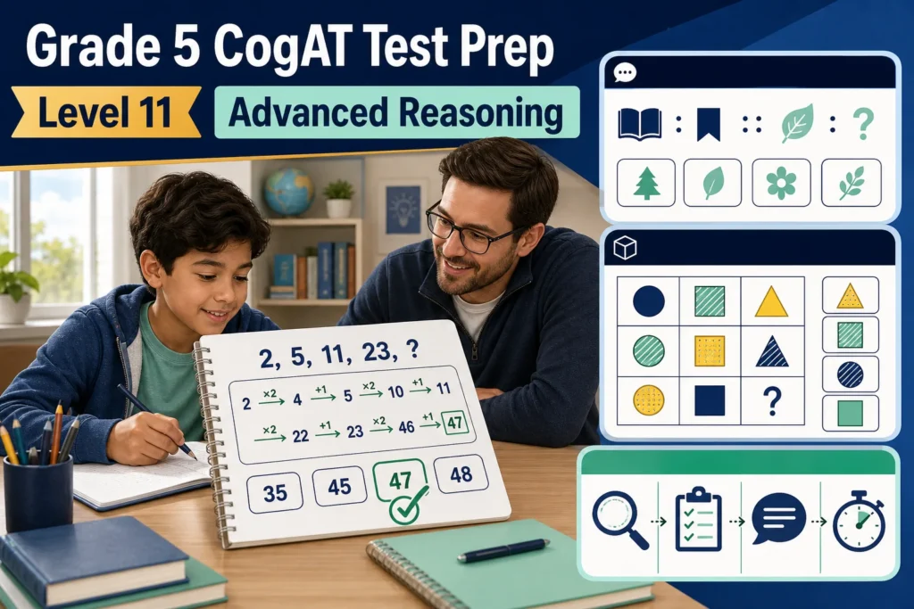 Grade 5 CogAT test prep for Level 11 with an original 2, 5, 11, 23, 47 number series, verbal analogy, multi-attribute matrix, and strategy checklist.