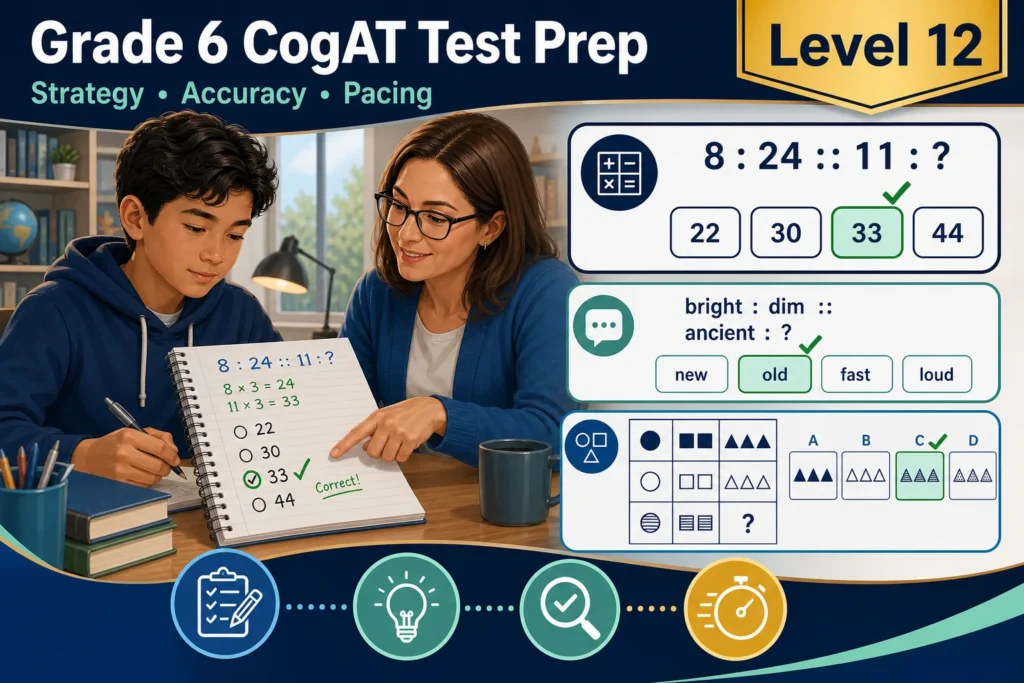 Grade 6 CogAT test prep for Level 12 with an original 8-to-24 and 11-to-33 number relation, verbal analogy, nonverbal matrix, and pacing strategy.