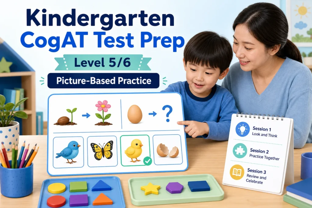 Kindergarten CogAT test prep for Level 5/6 with an original seed-to-flower and egg-to-chick picture analogy and three-session practice plan.